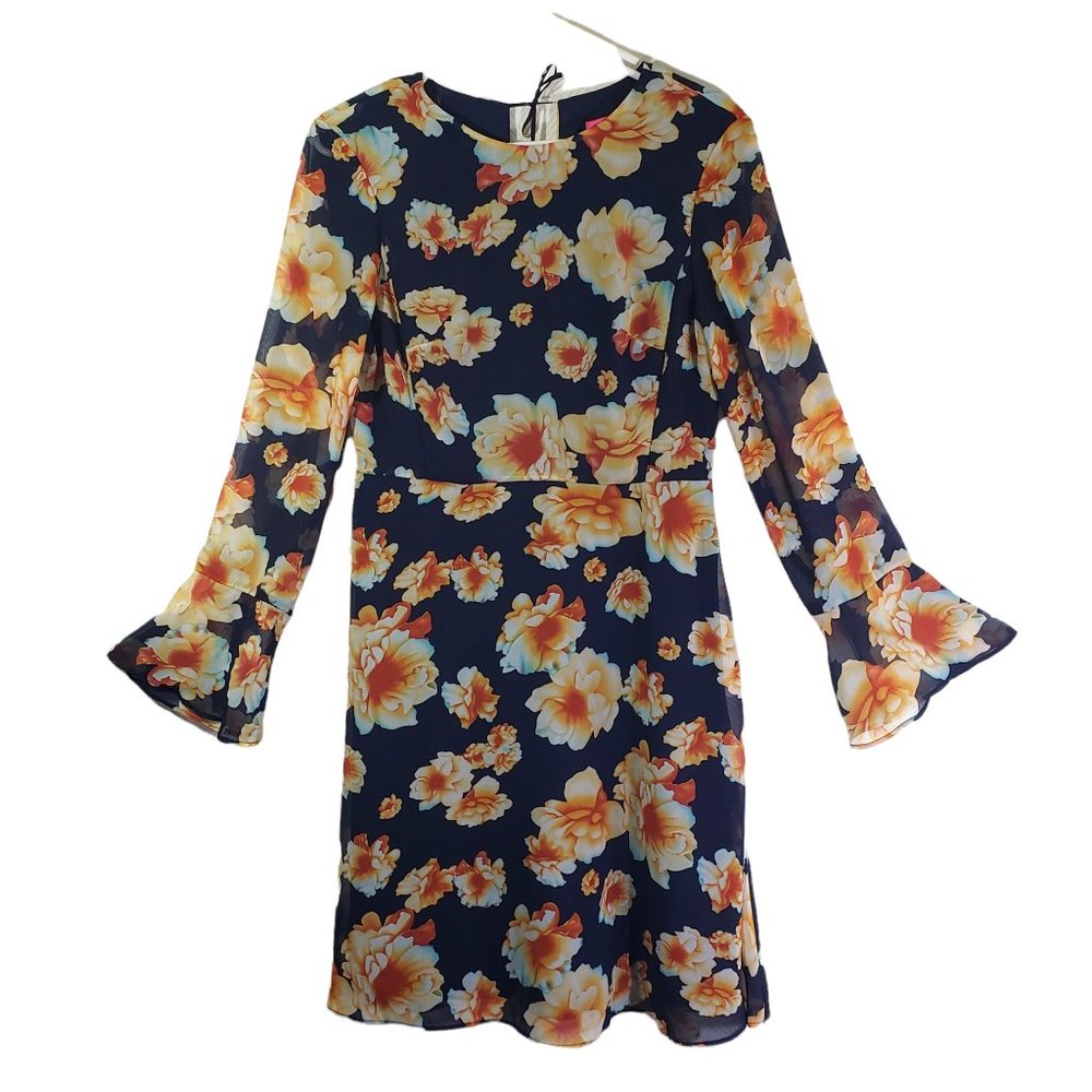 Betsey Johnson Size 8 Blue and Orange Floral Bell Sleeve Sheer Shift Dress